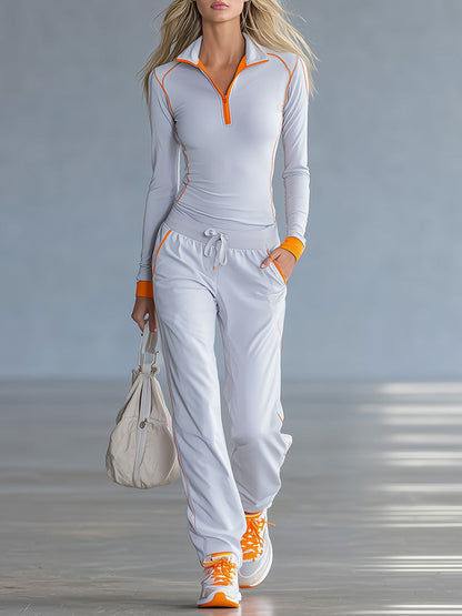 Fashionable Sporty Gray-blue Long-sleeved Half-zip Top And Trousers Set