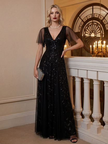 Robe Longue de Soirée Éclatante à Volants et Col en V Romantique
