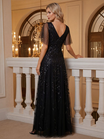 Robe Longue de Soirée Éclatante à Volants et Col en V Romantique