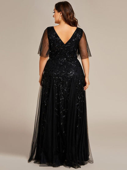 ever ASTRAL|Romantic Shimmery V Neck Ruffle Sleeves Maxi Long Evening Gowns
