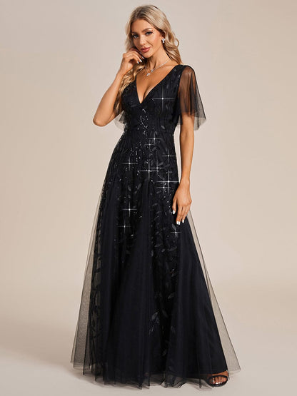 ever ASTRAL|Romantic Shimmery V Neck Ruffle Sleeves Maxi Long Evening Gowns