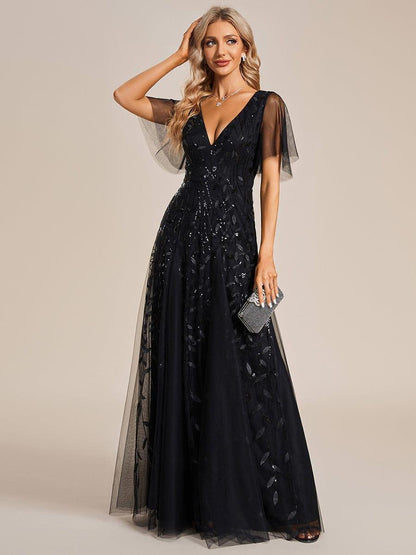 ever ASTRAL|Romantic Shimmery V Neck Ruffle Sleeves Maxi Long Evening Gowns