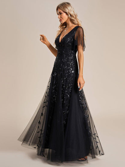 Robe Longue de Soirée Éclatante à Volants et Col en V Romantique