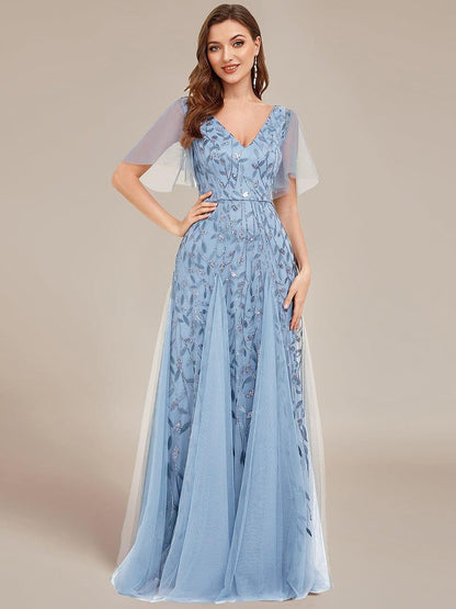 Robe Longue de Soirée Éclatante à Volants et Col en V Romantique