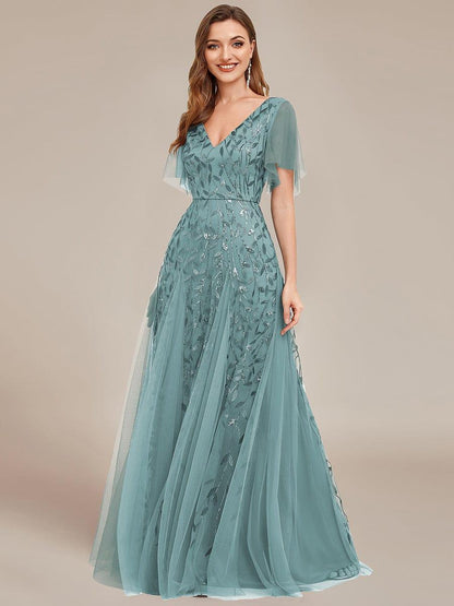 Robe Longue de Soirée Éclatante à Volants et Col en V Romantique