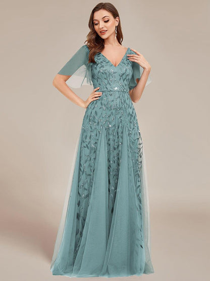 Robe Longue de Soirée Éclatante à Volants et Col en V Romantique