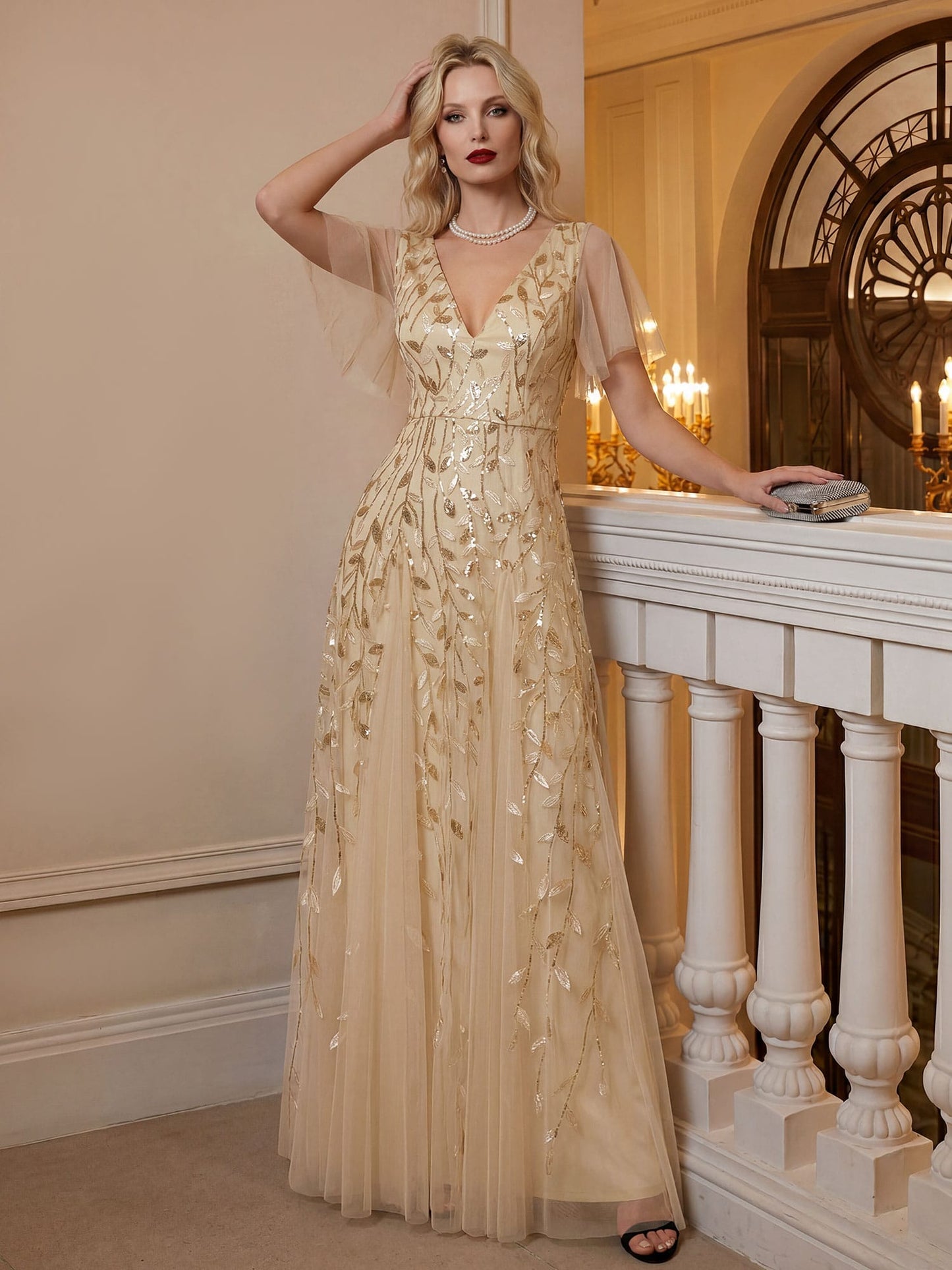 Robe Longue de Soirée Éclatante à Volants et Col en V Romantique