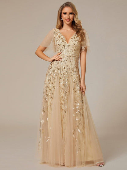Robe Longue de Soirée Éclatante à Volants et Col en V Romantique