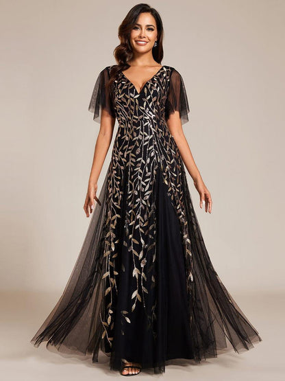 Robe Longue de Soirée Éclatante à Volants et Col en V Romantique