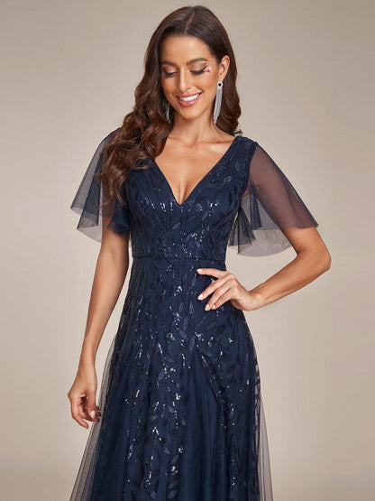 Robe Longue de Soirée Éclatante à Volants et Col en V Romantique