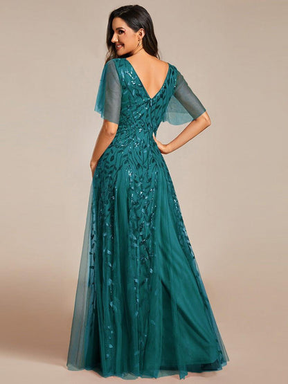 Robe Longue de Soirée Éclatante à Volants et Col en V Romantique