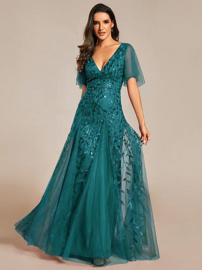 Robe Longue de Soirée Éclatante à Volants et Col en V Romantique