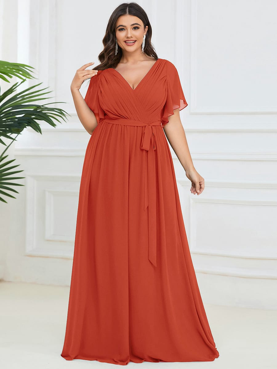 ever LEORA|V-Neck Flutter Sleeve Floor-Length A-Line Chiffon Evening Dress