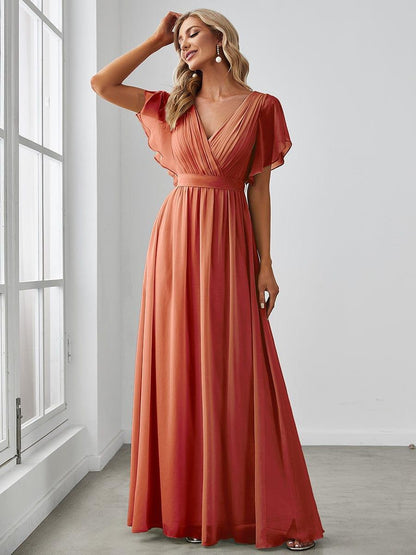 ever LEORA|V-Neck Flutter Sleeve Floor-Length A-Line Chiffon Evening Dress