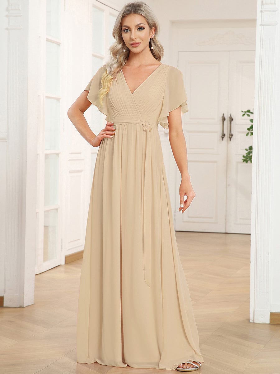 ever LEORA|V-Neck Flutter Sleeve Floor-Length A-Line Chiffon Evening Dress