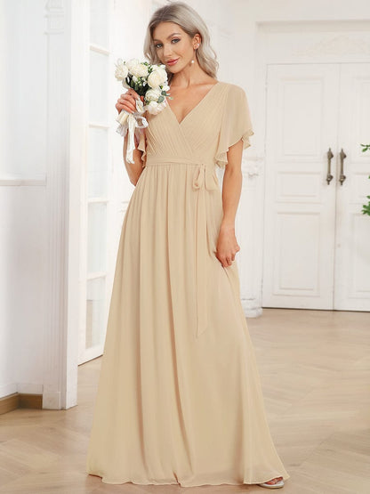ever LEORA|V-Neck Flutter Sleeve Floor-Length A-Line Chiffon Evening Dress