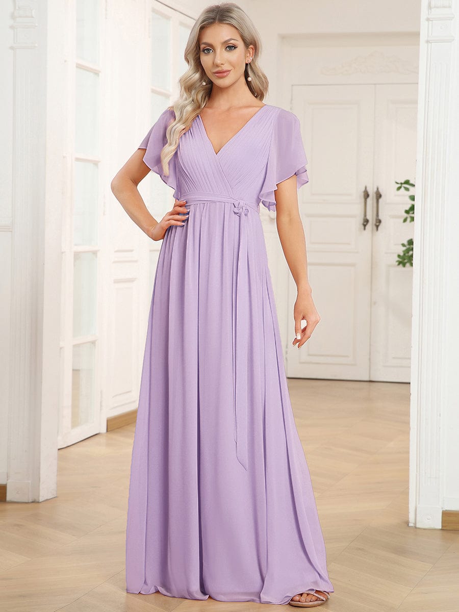 ever LEORA|V-Neck Flutter Sleeve Floor-Length A-Line Chiffon Evening Dress