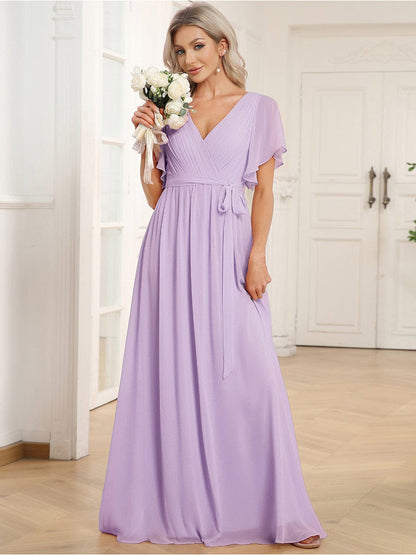 ever LEORA|V-Neck Flutter Sleeve Floor-Length A-Line Chiffon Evening Dress