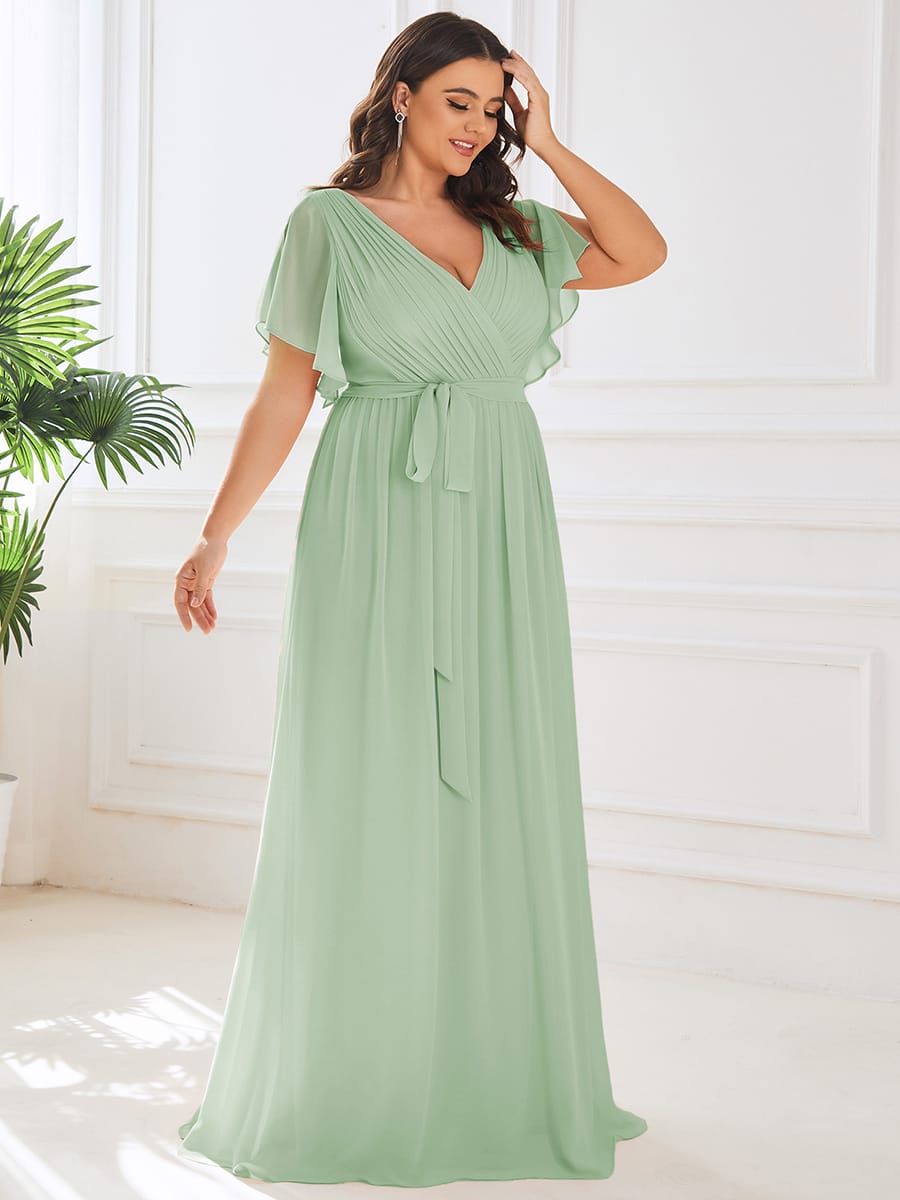 ever LEORA|V-Neck Flutter Sleeve Floor-Length A-Line Chiffon Evening Dress