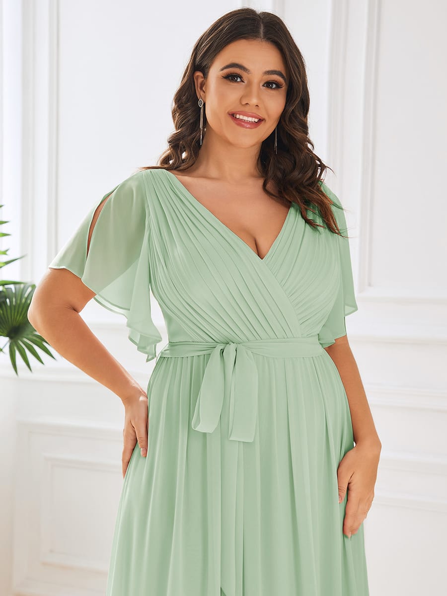 ever LEORA|V-Neck Flutter Sleeve Floor-Length A-Line Chiffon Evening Dress