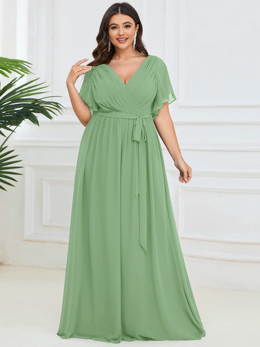 ever LEORA|V-Neck Flutter Sleeve Floor-Length A-Line Chiffon Evening Dress