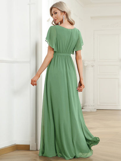 ever LEORA|V-Neck Flutter Sleeve Floor-Length A-Line Chiffon Evening Dress