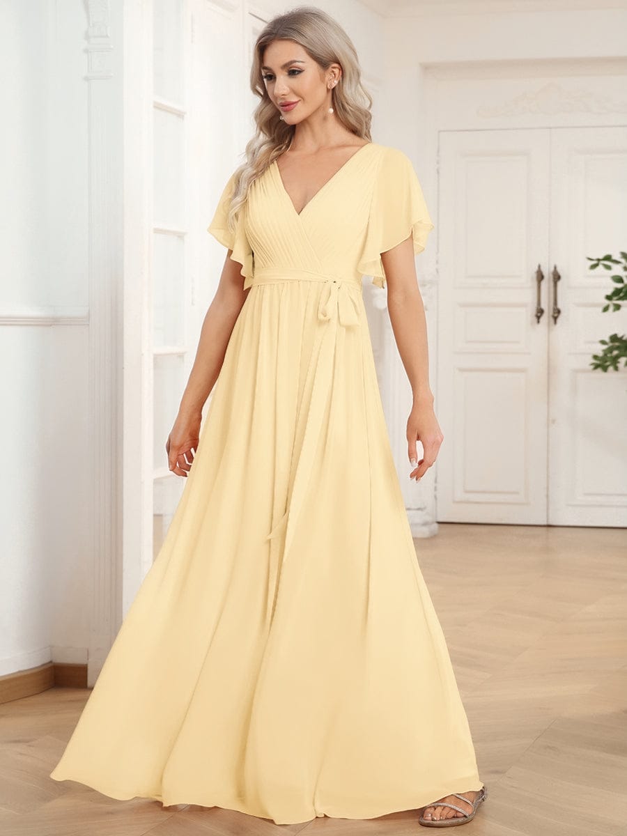 ever LEORA|V-Neck Flutter Sleeve Floor-Length A-Line Chiffon Evening Dress