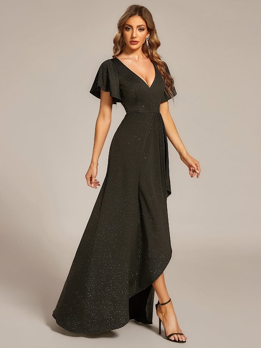 ever MELODÉ|Ruffle Sleeves V Neck High Low Evening Dress