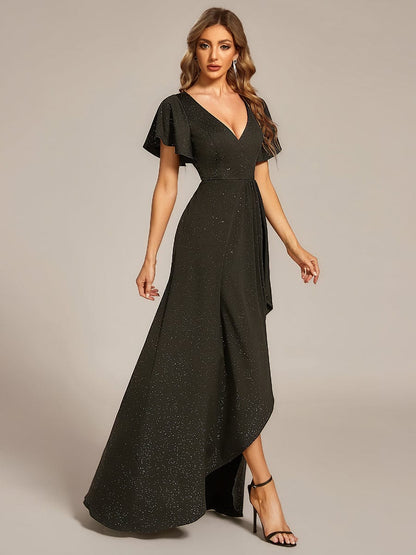 ever MELODÉ|Ruffle Sleeves V Neck High Low Evening Dress