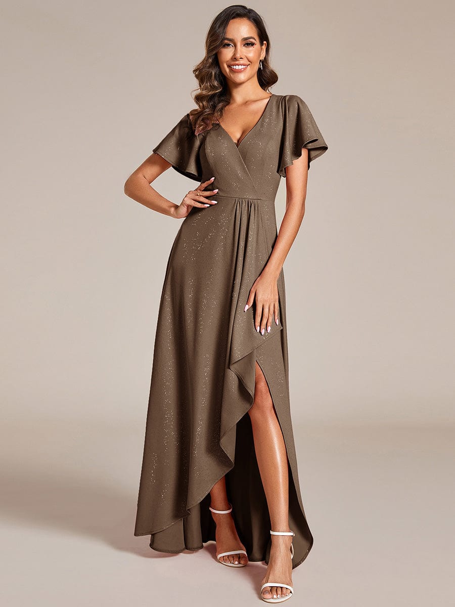 ever MELODÉ|Ruffle Sleeves V Neck High Low Evening Dress