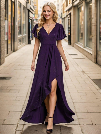 ever MELODÉ|Ruffle Sleeves V Neck High Low Evening Dress