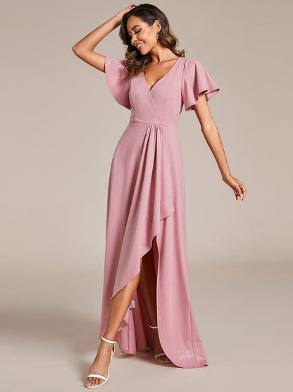 ever MELODÉ|Ruffle Sleeves V Neck High Low Evening Dress