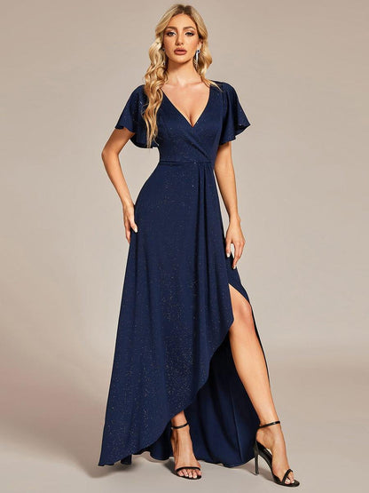 ever MELODÉ|Ruffle Sleeves V Neck High Low Evening Dress