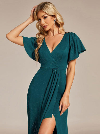 ever MELODÉ|Ruffle Sleeves V Neck High Low Evening Dress