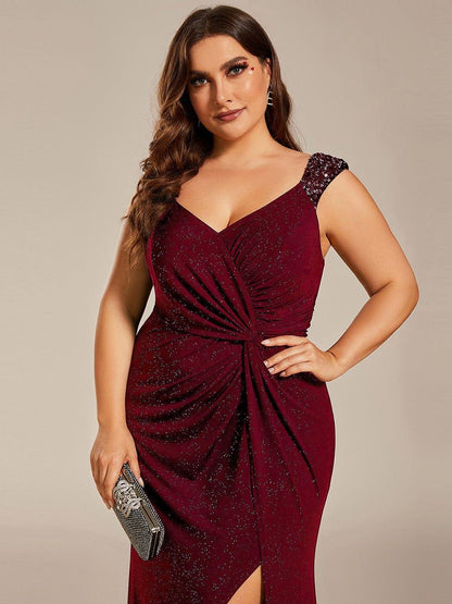 Robe de Soirée Élégante à Sequins avec Décolleté en V et Fente Haute