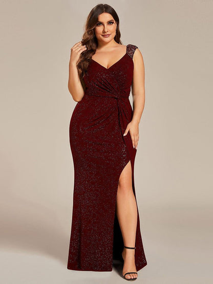 Robe de Soirée Élégante à Sequins avec Décolleté en V et Fente Haute
