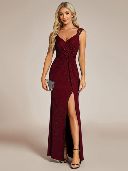 Robe de Soirée Élégante à Sequins avec Décolleté en V et Fente Haute