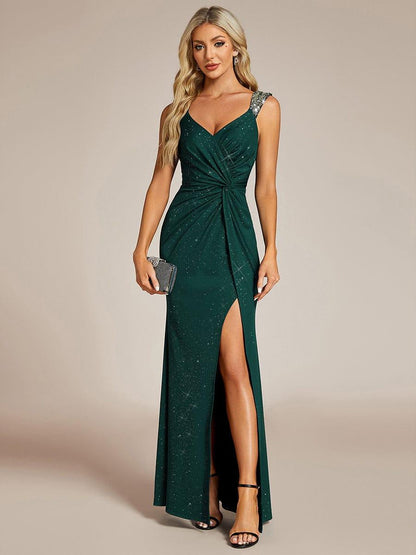 Robe de Soirée Élégante à Sequins avec Décolleté en V et Fente Haute