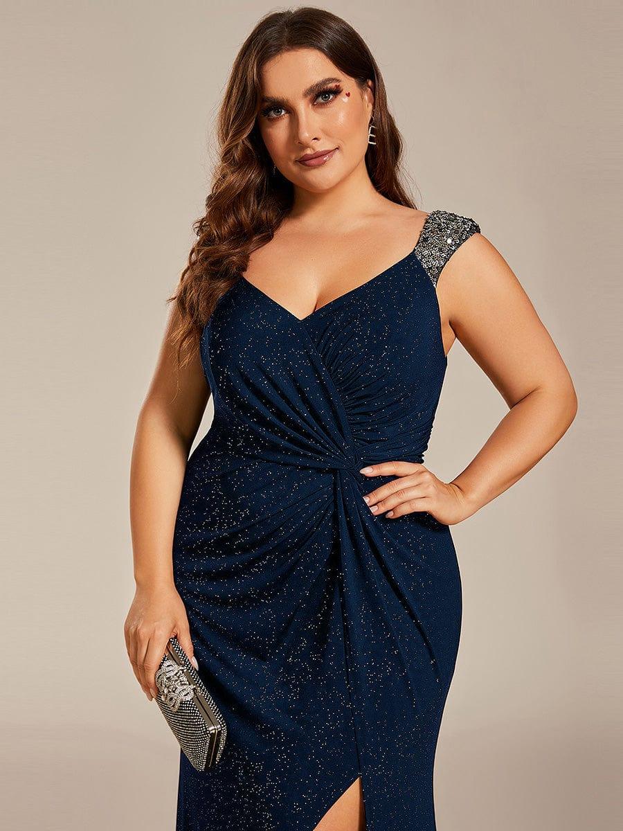 Robe de Soirée Élégante à Sequins avec Décolleté en V et Fente Haute