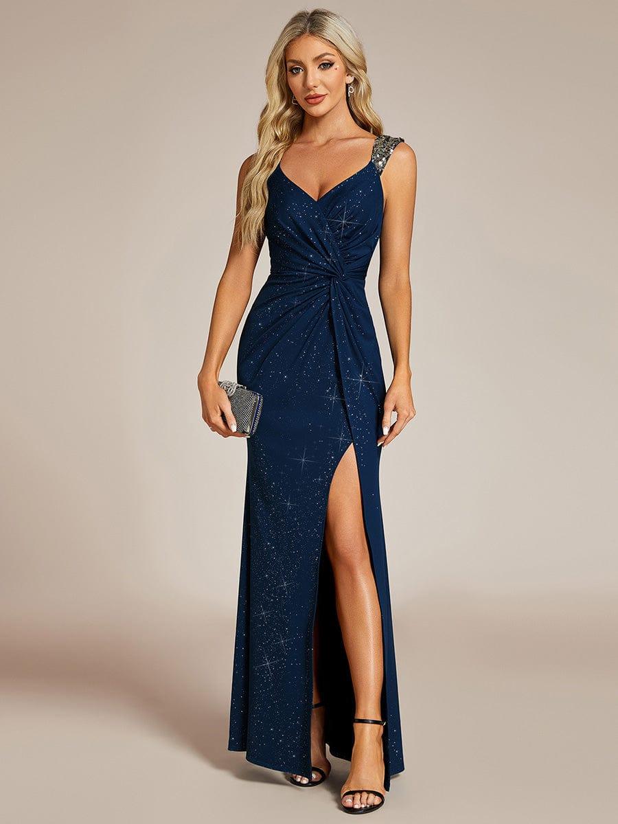 Robe de Soirée Élégante à Sequins avec Décolleté en V et Fente Haute
