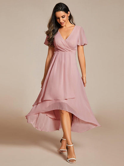 ever LARK|Chiffon Elegance Short Sleeve High-Low Wedding Guest Dress