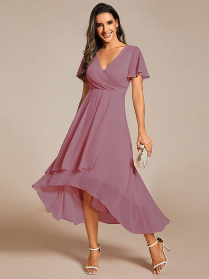 ever LARK|Chiffon Elegance Short Sleeve High-Low Wedding Guest Dress