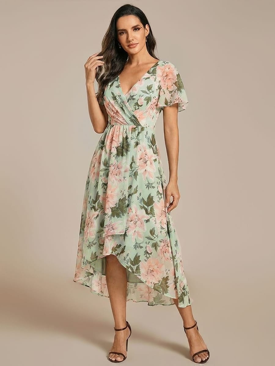 ever LARK|Chiffon Elegance Short Sleeve High-Low Wedding Guest Dress