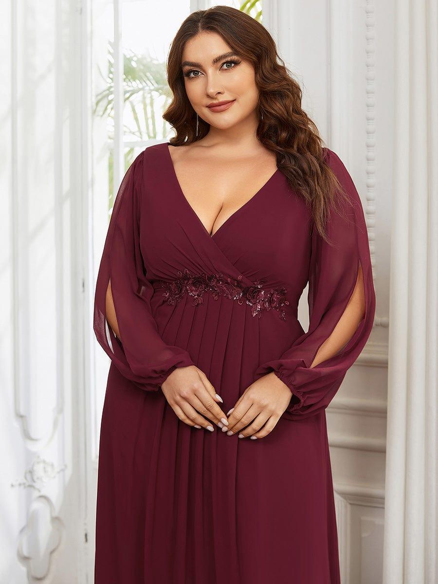 ever AMOUR|Lantern Long Slit Sleeve Deep V Applique Maxi Evening Dress