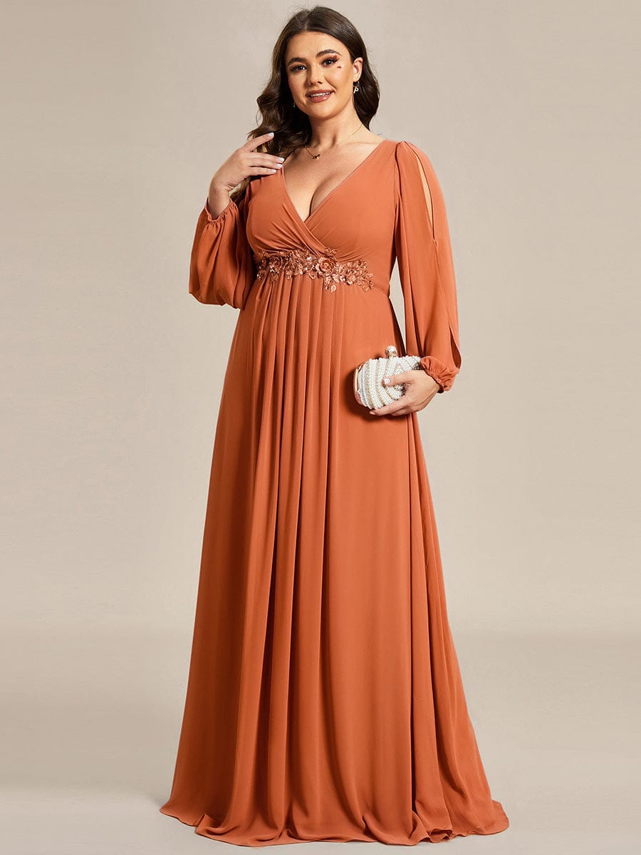 ever AMOUR|Lantern Long Slit Sleeve Deep V Applique Maxi Evening Dress