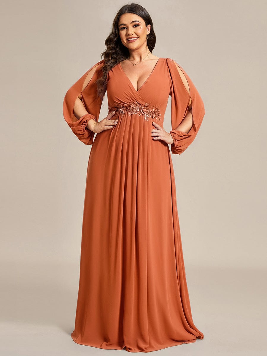 ever AMOUR|Lantern Long Slit Sleeve Deep V Applique Maxi Evening Dress