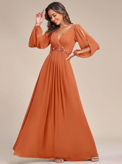 ever AMOUR|Lantern Long Slit Sleeve Deep V Applique Maxi Evening Dress