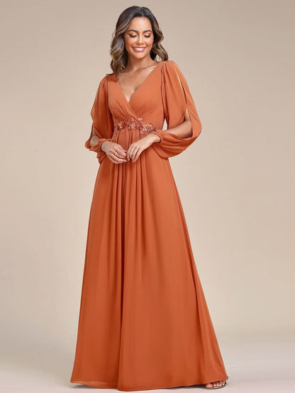 ever AMOUR|Lantern Long Slit Sleeve Deep V Applique Maxi Evening Dress