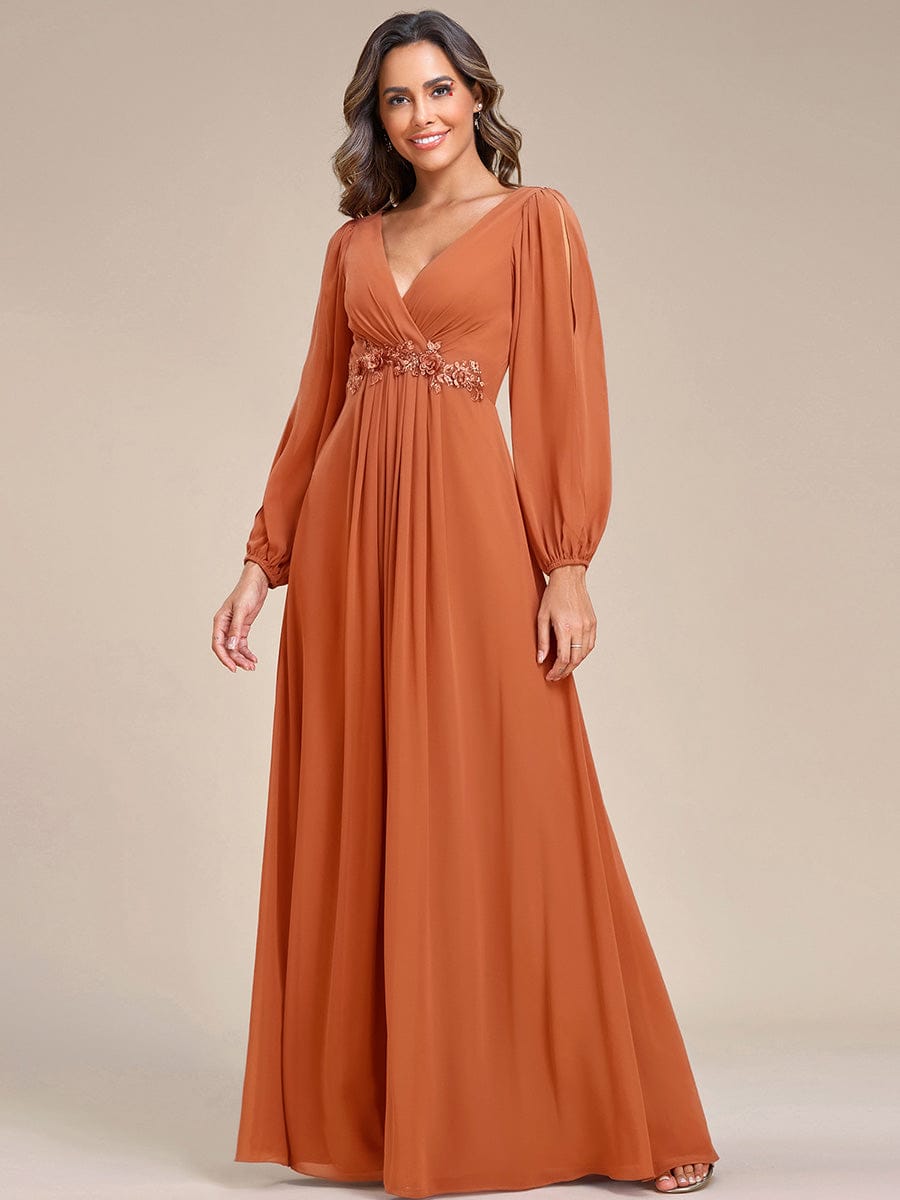 ever AMOUR|Lantern Long Slit Sleeve Deep V Applique Maxi Evening Dress