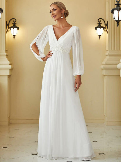 ever AMOUR|Lantern Long Slit Sleeve Deep V Applique Maxi Evening Dress